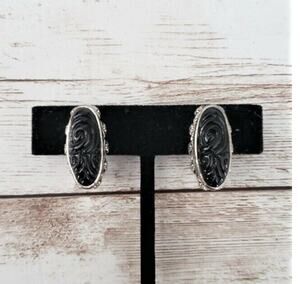 Vintage Clip On Earrings Unusual Black & Silver Tone Ornate Statement